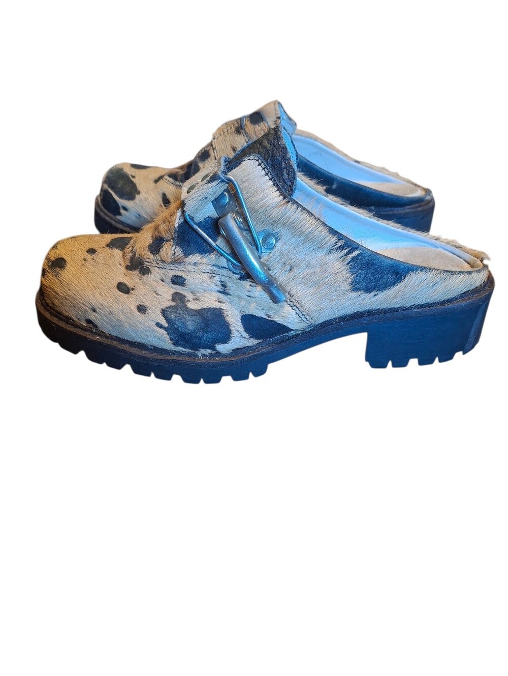 Vintage Geier Wally Austria Pony Hair Cow Print Clogs Sz 8.5 Lug Sole Mule - Picture 6 of 13